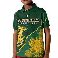 Kids green polo shirt with collar; South Africa Champions front print, gold springbok design