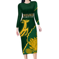 Personalised South Africa Rugby 2023 Long Sleeve Bodycon Dress Bokke Champions Kente Ethnic - Wonder Print Shop