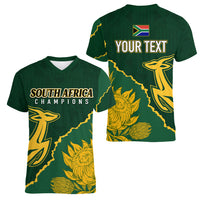 Personalised South Africa Rugby 2023 Women V Neck T Shirt Bokke Champions Kente Ethnic - Wonder Print Shop
