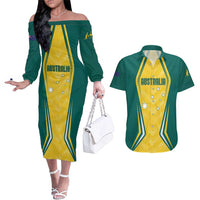 Australia 2024 Olympics Custom Couples Matching Off The Shoulder Long Sleeve Dress and Hawaiian Shirt Rise of the Roos LT7 - Wonder Print Shop