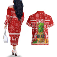Hawaii Pineapple Christmas Couples Matching Off The Shoulder Long Sleeve Dress and Hawaiian Shirt Mele Kalikimaka LT7 - Wonder Print Shop