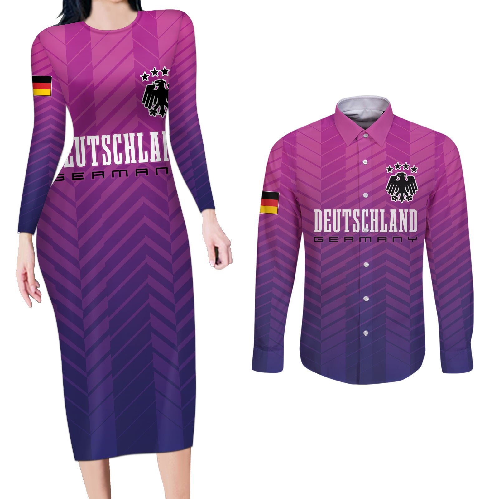 Germany Football Couples Matching Long Sleeve Bodycon Dress and Long Sleeve Button Shirt Nationalelf Pink Revolution