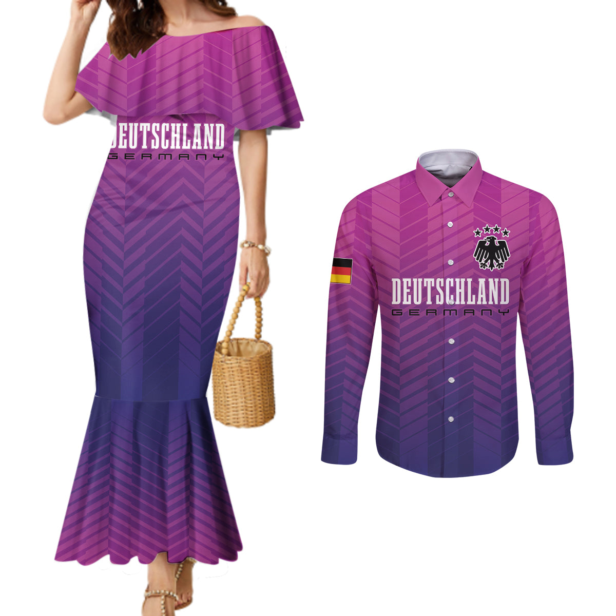 Germany Football Couples Matching Mermaid Dress and Long Sleeve Button Shirt Nationalelf Pink Revolution