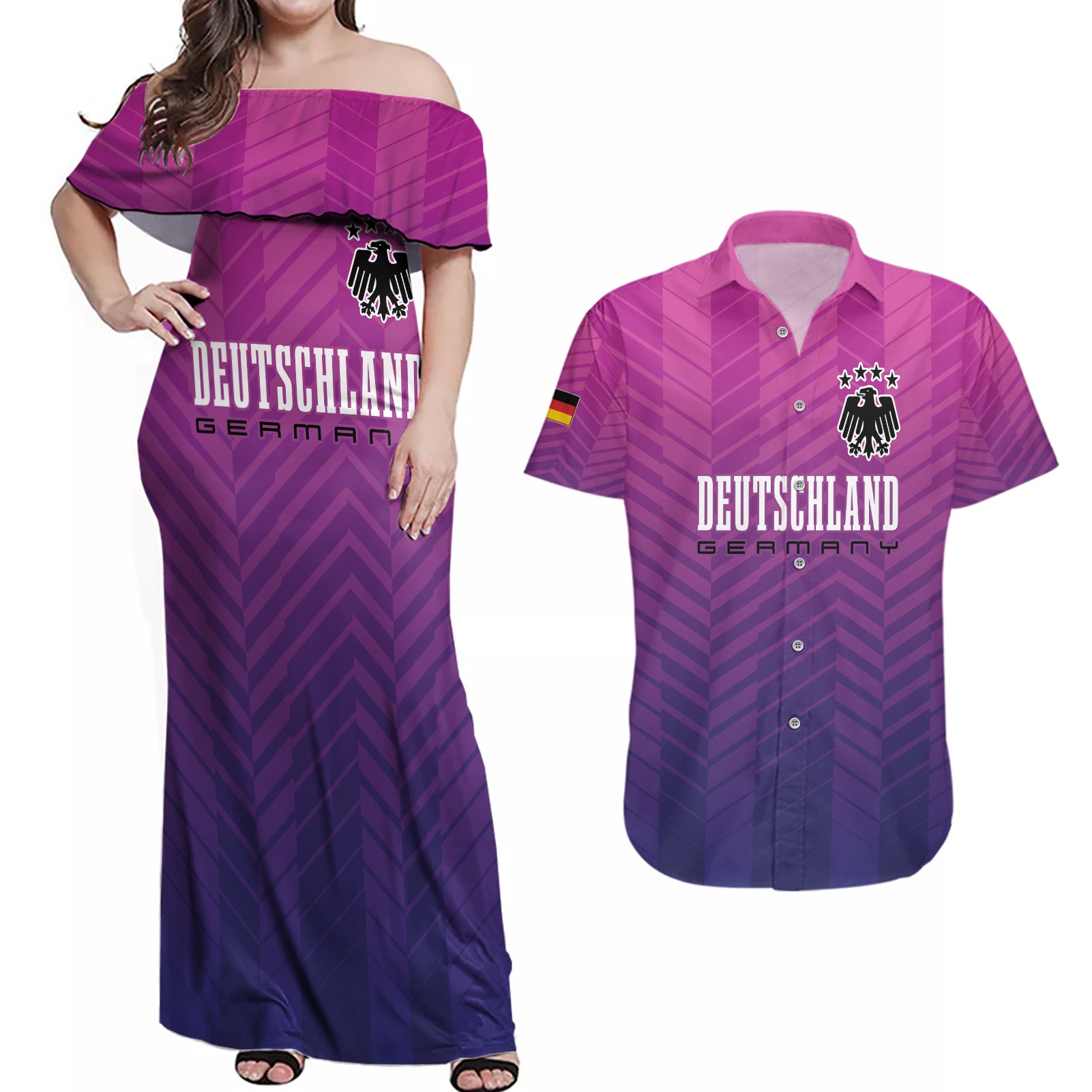Germany Football Couples Matching Off Shoulder Maxi Dress and Hawaiian Shirt Nationalelf Pink Revolution