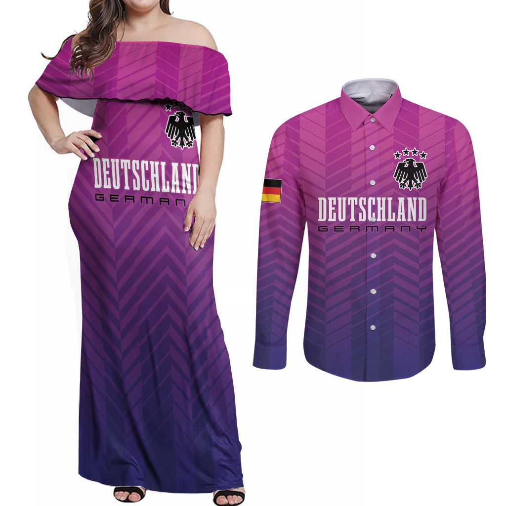 Germany Football Couples Matching Off Shoulder Maxi Dress and Long Sleeve Button Shirt Nationalelf Pink Revolution