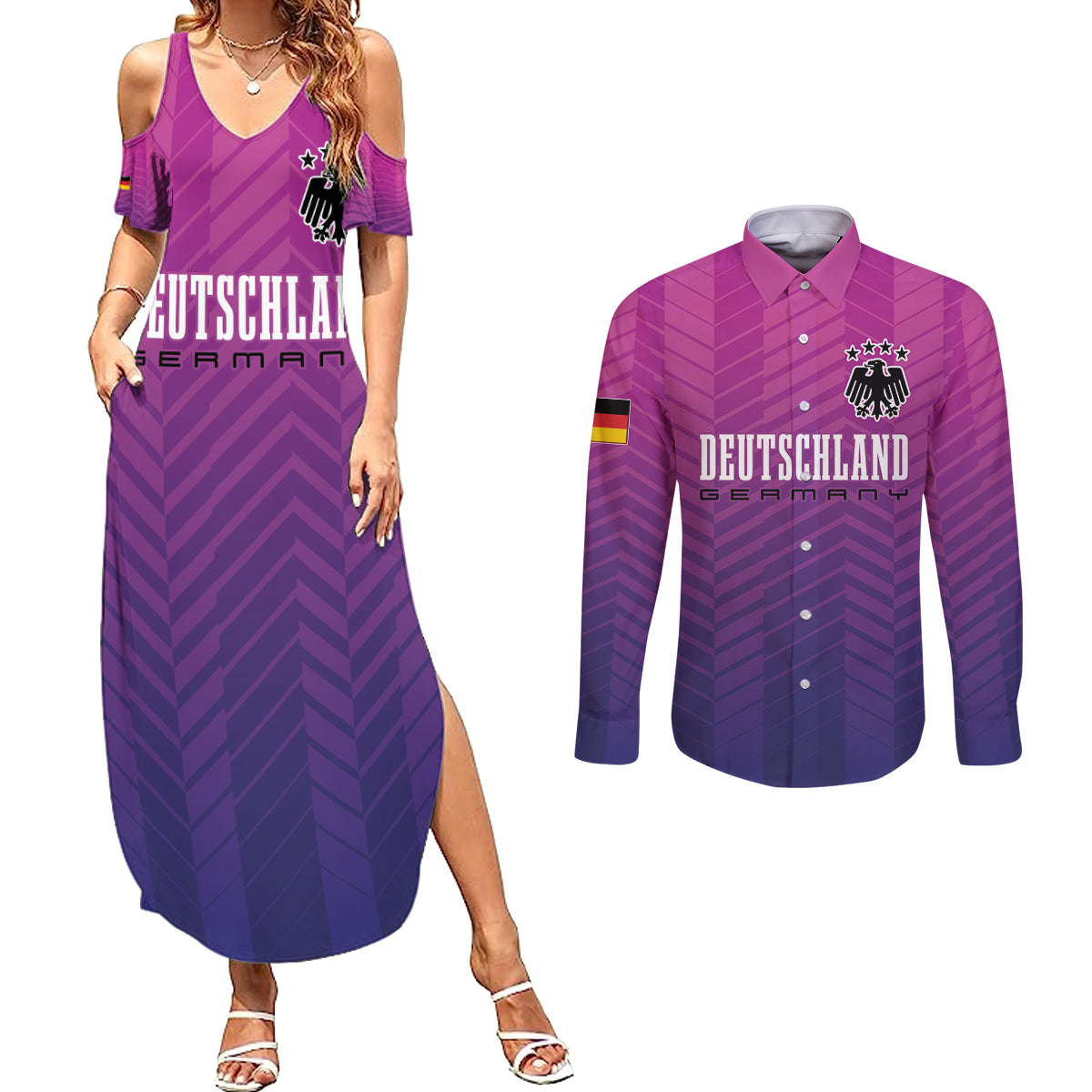 Germany Football Couples Matching Summer Maxi Dress and Long Sleeve Button Shirt Nationalelf Pink Revolution