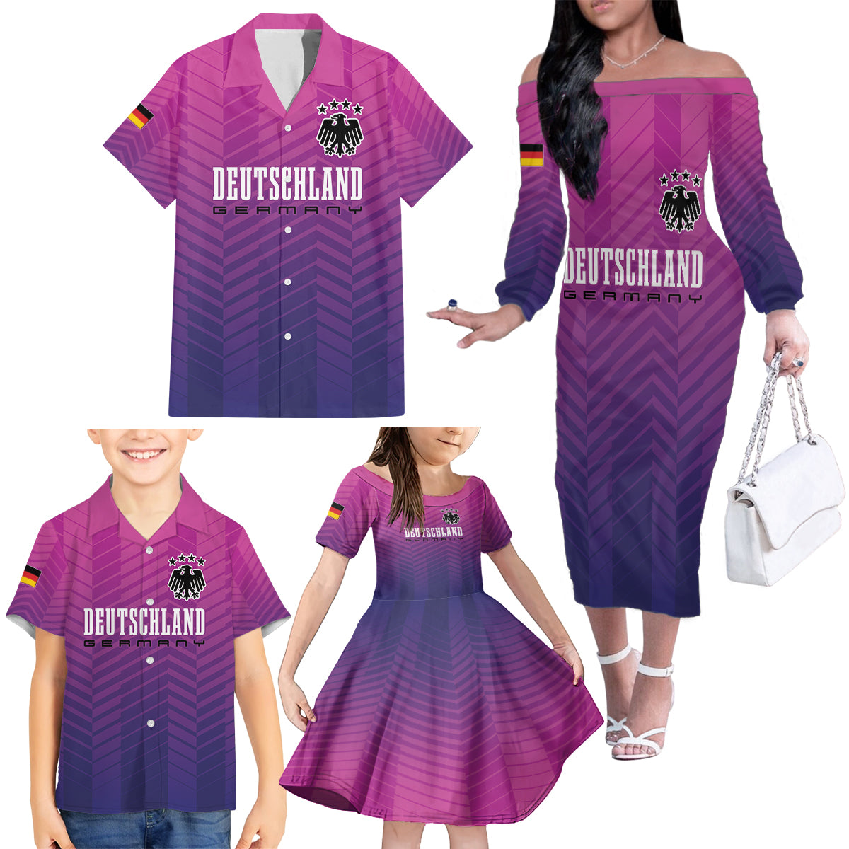 Germany Football Family Matching Off The Shoulder Long Sleeve Dress and Hawaiian Shirt Nationalelf Pink Revolution
