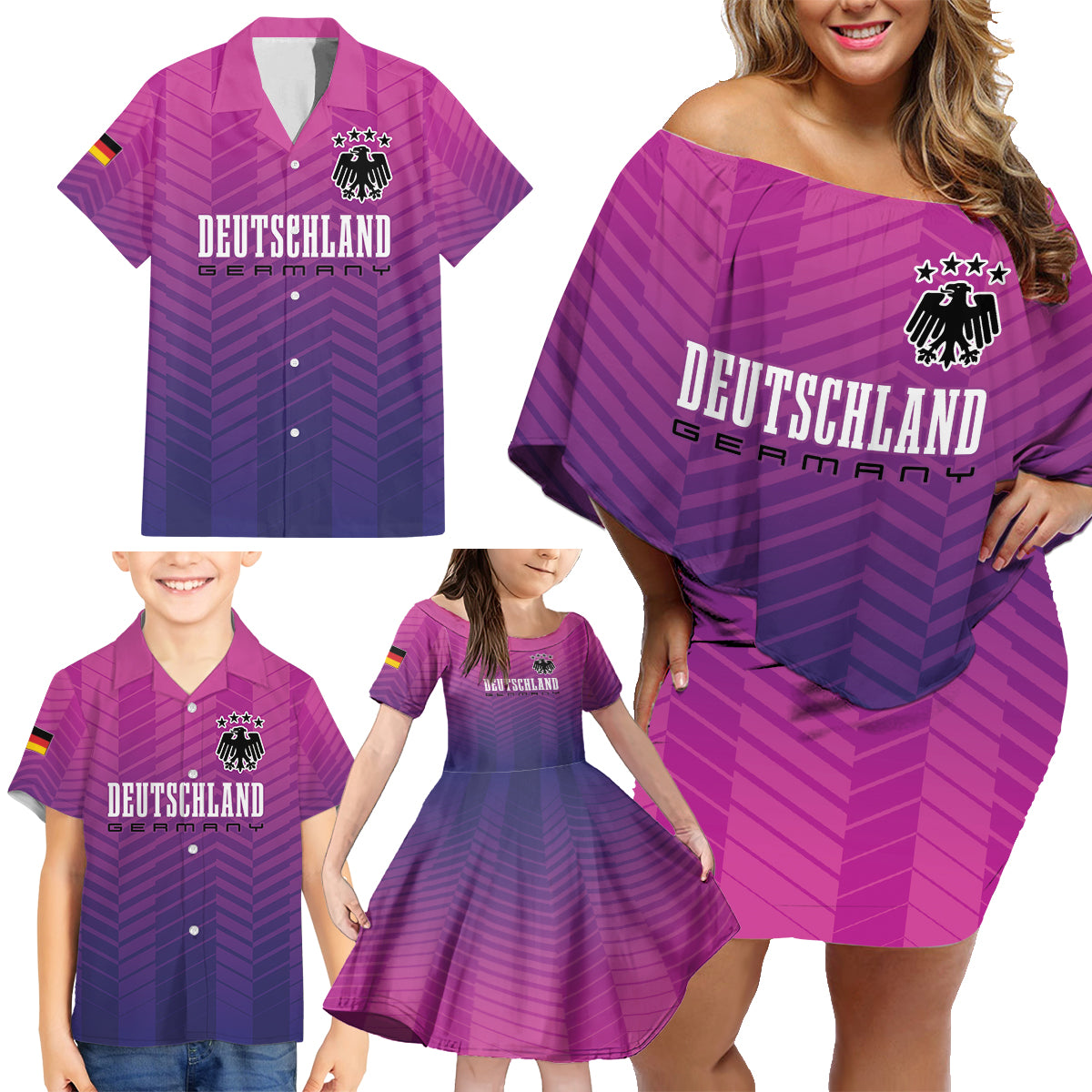 Germany Football Family Matching Off Shoulder Short Dress and Hawaiian Shirt Nationalelf Pink Revolution