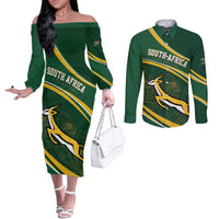 South Africa Rugby Personalized Bokke Couples Matching Off The Shoulder Long Sleeve Dress and Long Sleeve Button Shirt Springboks - Stronger Together - Wonder Print Shop