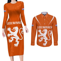 Personalised Netherlands Football Couples Matching Long Sleeve Bodycon Dress and Long Sleeve Button Shirts Lionesses World Cup 2023 LT7 - Wonder Print Shop