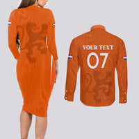 Personalised Netherlands Football Couples Matching Long Sleeve Bodycon Dress and Long Sleeve Button Shirts Lionesses World Cup 2023 LT7 - Wonder Print Shop