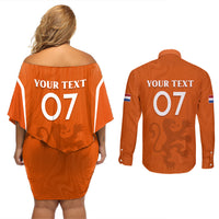 Personalised Netherlands Football Couples Matching Off Shoulder Short Dress and Long Sleeve Button Shirts Lionesses World Cup 2023 LT7 - Wonder Print Shop