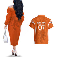 Personalised Netherlands Football Couples Matching Off The Shoulder Long Sleeve Dress and Hawaiian Shirt Lionesses World Cup 2023 LT7 - Wonder Print Shop