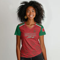 Morocco Football Atlas Lionesses Custom Women V-Neck T-Shirt Arabesque Motif