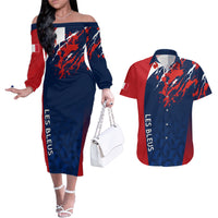 Personalised France Rugby Couples Matching Off The Shoulder Long Sleeve Dress and Hawaiian Shirt 2023 World Cup Allez Les Bleus Grunge Style LT7 - Wonder Print Shop