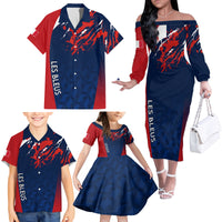 Personalised France Rugby Family Matching Off Shoulder Long Sleeve Dress and Hawaiian Shirt 2023 World Cup Allez Les Bleus Grunge Style - Wonder Print Shop