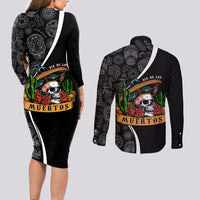 Mexico Day Of The Dead Couples Matching Long Sleeve Bodycon Dress and Long Sleeve Button Shirts Sombrero Sugar Skull With Roses LT7 - Wonder Print Shop