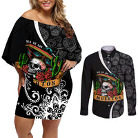 Mexico Day Of The Dead Couples Matching Off Shoulder Short Dress and Long Sleeve Button Shirts Sombrero Sugar Skull With Roses LT7 - Wonder Print Shop
