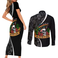 Mexico Day Of The Dead Couples Matching Short Sleeve Bodycon Dress and Long Sleeve Button Shirts Sombrero Sugar Skull With Roses LT7 - Wonder Print Shop