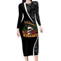 Mexico Day Of The Dead Long Sleeve Bodycon Dress Sombrero Sugar Skull With Roses - Wonder Print Shop