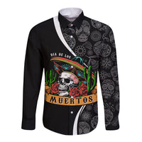 Mexico Day Of The Dead Long Sleeve Button Shirt Sombrero Sugar Skull With Roses - Wonder Print Shop