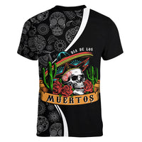 Mexico Day Of The Dead Women V Neck T Shirt Sombrero Sugar Skull With Roses - Wonder Print Shop