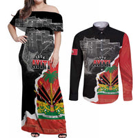 Personalized Haiti First Black Republic 1804 Couples Matching Off Shoulder Maxi Dress and Long Sleeve Button Shirt Ayiti Citadel Laferriere