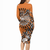 Canada Indigenous Orange Long Sleeve Bodycon Dress Haida Art Thunder Bird