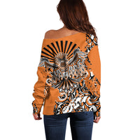 Canada Indigenous Orange Off Shoulder Sweater Haida Art Thunder Bird