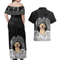 Personalised Dog Couples Matching Off Shoulder Maxi Dress and Hawaiian Shirt Golden Retriever With Polynesian Tapa Arch LT7 - Wonder Print Shop