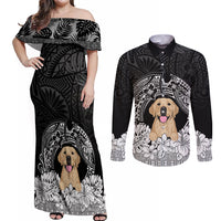 Personalised Dog Couples Matching Off Shoulder Maxi Dress and Long Sleeve Button Shirts Golden Retriever With Polynesian Tapa Arch LT7 - Wonder Print Shop