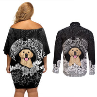 Personalised Dog Couples Matching Off Shoulder Short Dress and Long Sleeve Button Shirts Golden Retriever With Polynesian Tapa Arch LT7 - Wonder Print Shop
