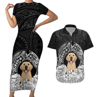 Personalised Dog Couples Matching Short Sleeve Bodycon Dress and Hawaiian Shirt Golden Retriever With Polynesian Tapa Arch LT7 - Wonder Print Shop