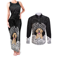 Personalised Dog Couples Matching Tank Maxi Dress and Long Sleeve Button Shirts Golden Retriever With Polynesian Tapa Arch LT7 - Wonder Print Shop