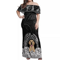 Personalised Dog Off Shoulder Maxi Dress Golden Retriever With Polynesian Tapa Arch - Wonder Print Shop