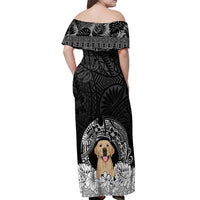 Personalised Dog Off Shoulder Maxi Dress Golden Retriever With Polynesian Tapa Arch - Wonder Print Shop