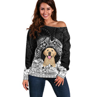 Personalised Dog Off Shoulder Sweater Golden Retriever With Polynesian Tapa Arch - Wonder Print Shop