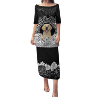 Personalised Dog Puletasi Golden Retriever With Polynesian Tapa Arch - Wonder Print Shop