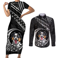 Personalised Polynesian Dog Couples Matching Short Sleeve Bodycon Dress and Long Sleeve Button Shirts With Australian Shepherd - Crescent Style LT7 - Wonder Print Shop