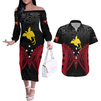 Personalised PNG Couples Matching Off The Shoulder Long Sleeve Dress and Hawaiian Shirt Papua Motuan Mirror Style LT7 - Wonder Print Shop