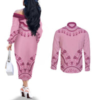 Dashiki Glamorous Pink Couples Matching Off The Shoulder Long Sleeve Dress and Long Sleeve Button Shirt Breast Cancer Awareness - Wonder Print Shop