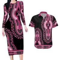 Breast Cancer Awareness Pink Ribbon Couples Matching Long Sleeve Bodycon Dress and Hawaiian Shirt Dashiki Style - Wonder Print Shop