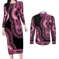 Breast Cancer Awareness Pink Ribbon Couples Matching Long Sleeve Bodycon Dress and Long Sleeve Button Shirt Dashiki Style - Wonder Print Shop