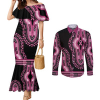 Breast Cancer Awareness Pink Ribbon Couples Matching Mermaid Dress and Long Sleeve Button Shirt Dashiki Style - Wonder Print Shop