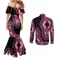 Breast Cancer Awareness Pink Ribbon Couples Matching Mermaid Dress and Long Sleeve Button Shirt Dashiki Style - Wonder Print Shop