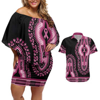 Breast Cancer Awareness Pink Ribbon Couples Matching Off Shoulder Short Dress and Hawaiian Shirt Dashiki Style - Wonder Print Shop