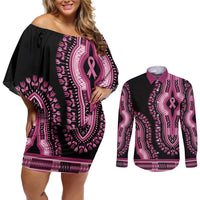 Breast Cancer Awareness Pink Ribbon Couples Matching Off Shoulder Short Dress and Long Sleeve Button Shirt Dashiki Style - Wonder Print Shop