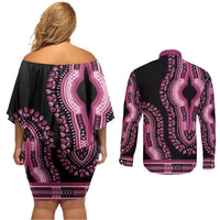 Breast Cancer Awareness Pink Ribbon Couples Matching Off Shoulder Short Dress and Long Sleeve Button Shirt Dashiki Style - Wonder Print Shop