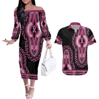 Breast Cancer Awareness Pink Ribbon Couples Matching Off The Shoulder Long Sleeve Dress and Hawaiian Shirt Dashiki Style - Wonder Print Shop