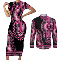 Breast Cancer Awareness Pink Ribbon Couples Matching Short Sleeve Bodycon Dress and Long Sleeve Button Shirt Dashiki Style - Wonder Print Shop